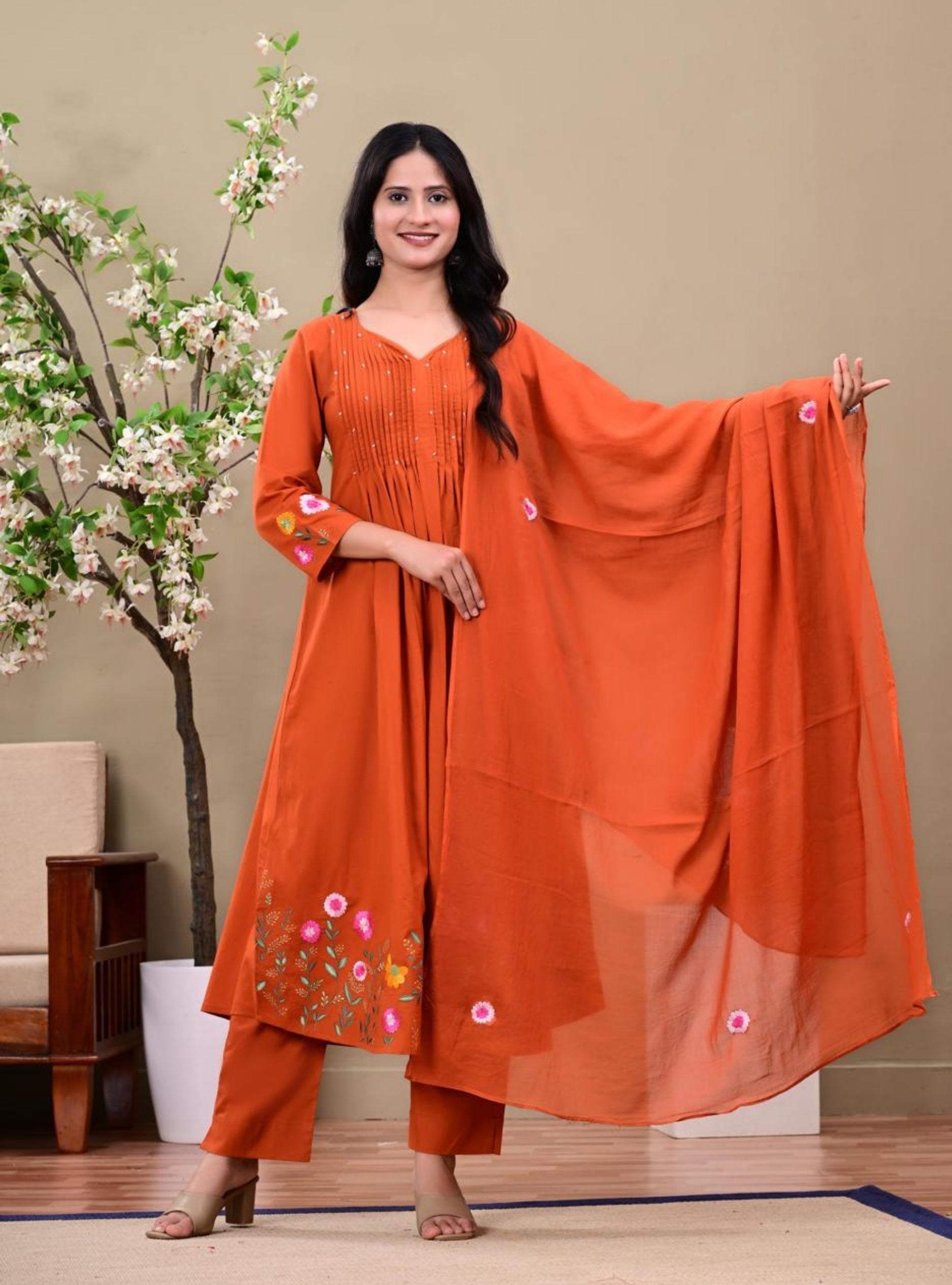 Burnt Orange Embroidered Kurta Pant Set with Dupatta