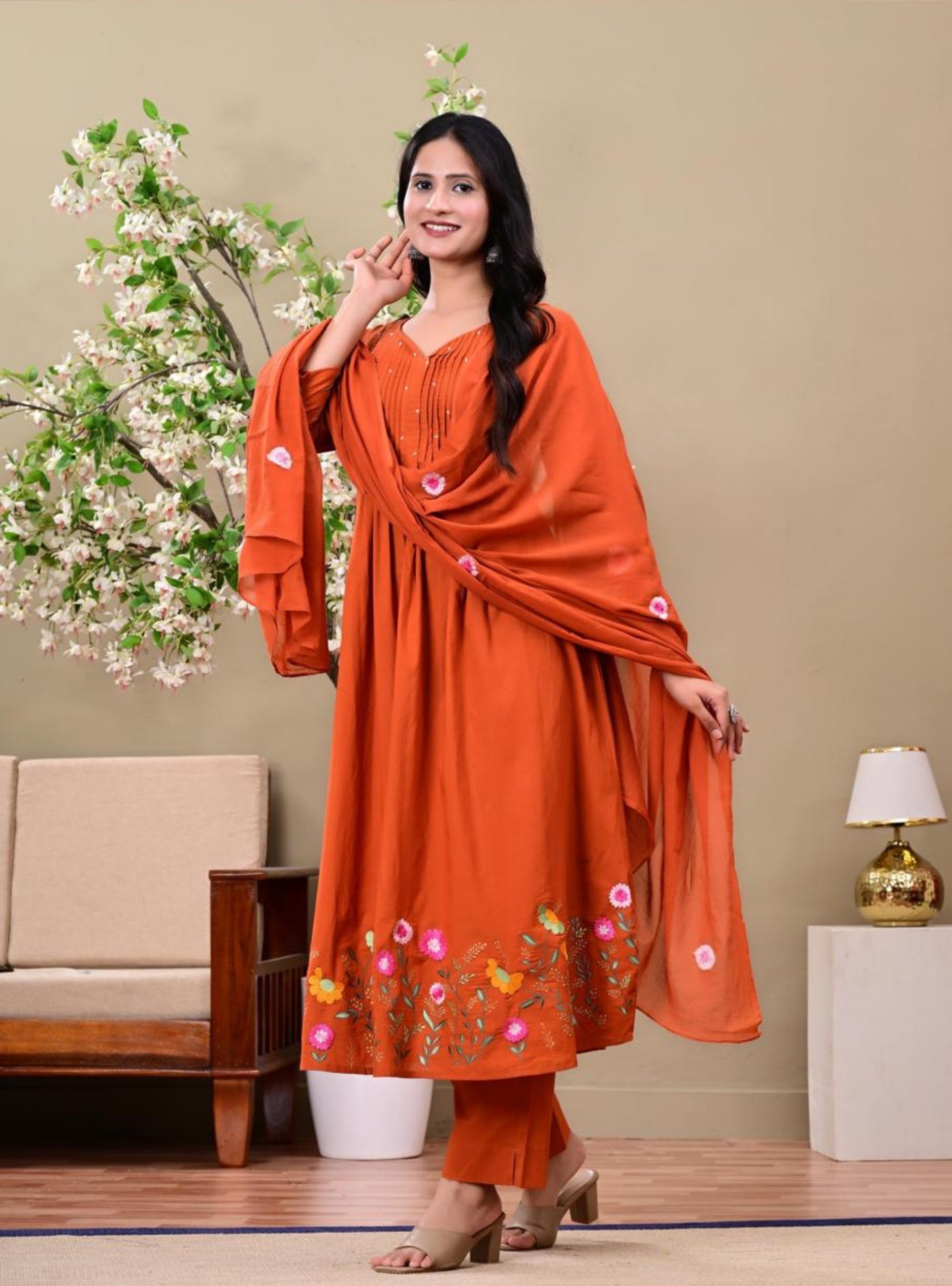 Burnt Orange Embroidered Kurta Pant Set with Dupatta
