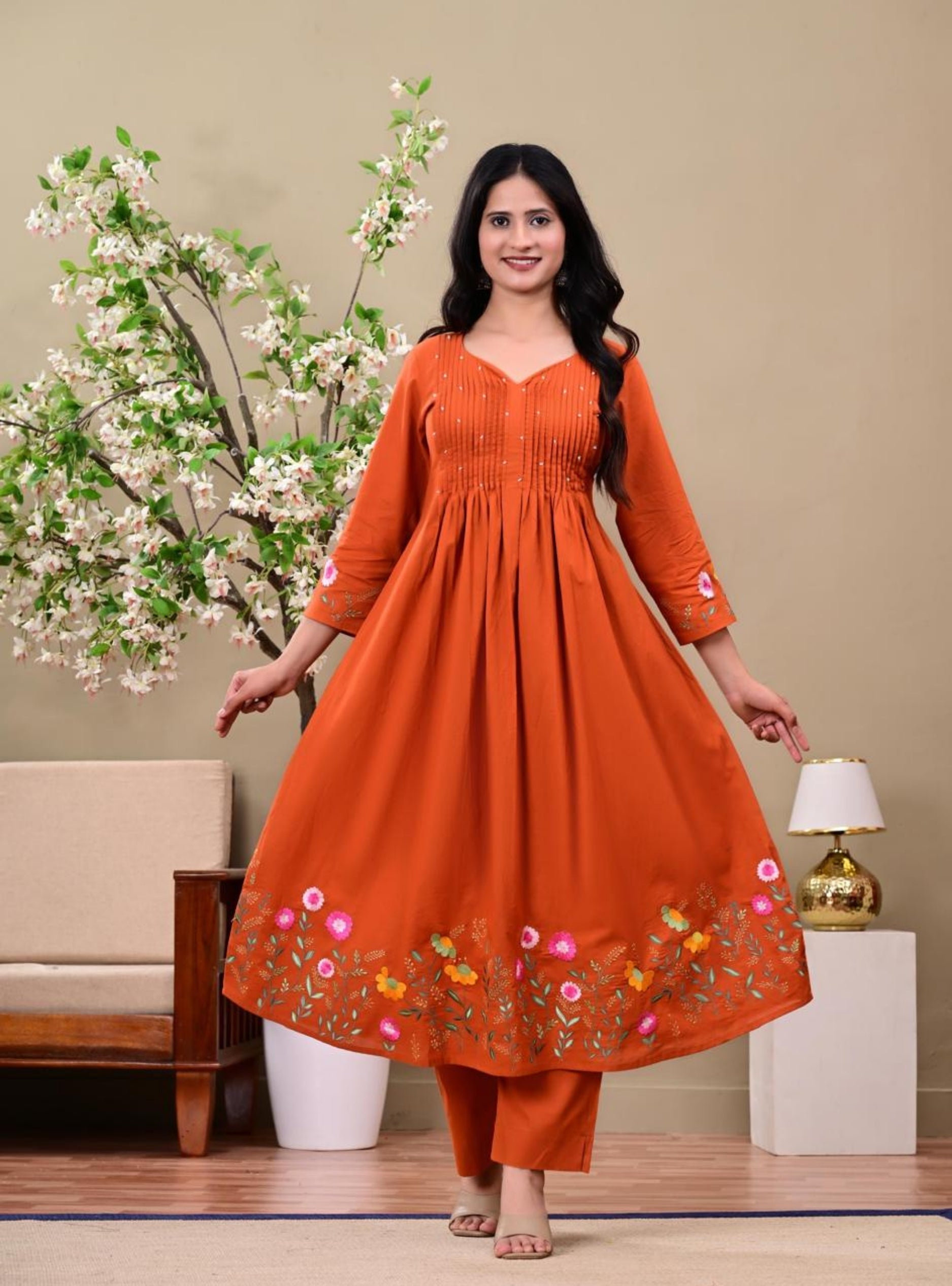 Burnt Orange Embroidered Kurta Pant Set with Dupatta